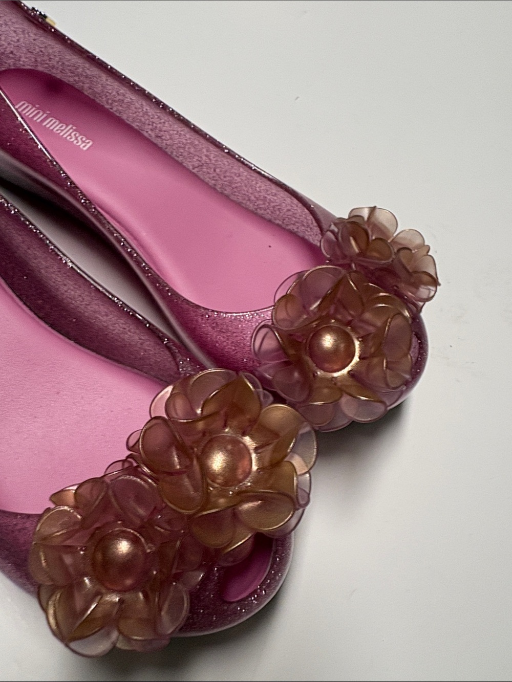 Mini Melissa Pink Glitter Floral Jelly Flats with Champagne Flowers girls size - Picture 5 of 10